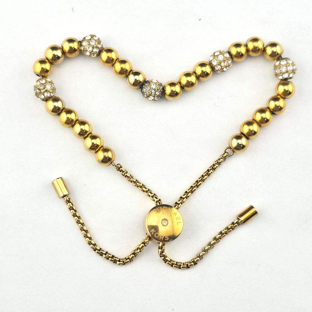 Signed Michael Kors Brilliance Gold Plated Crystal Bead Adj Slide Bracelet